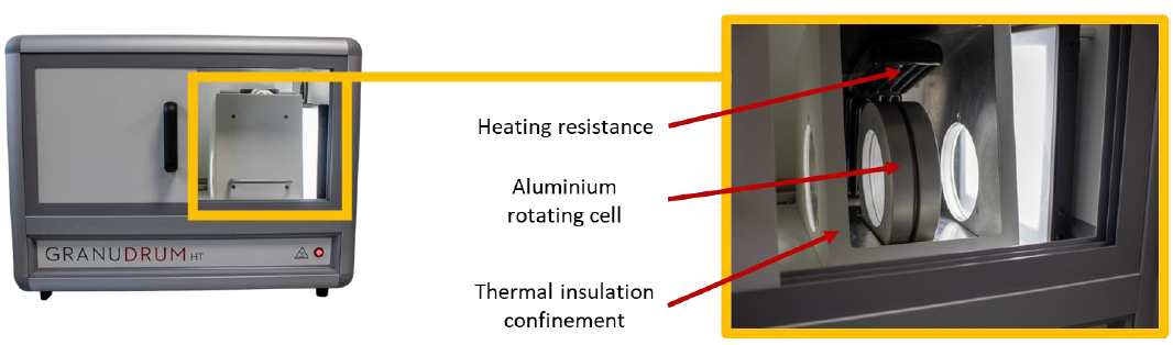 photo of the granudrum with focus on the heating device showing heating resistance and aluminium rotating cell